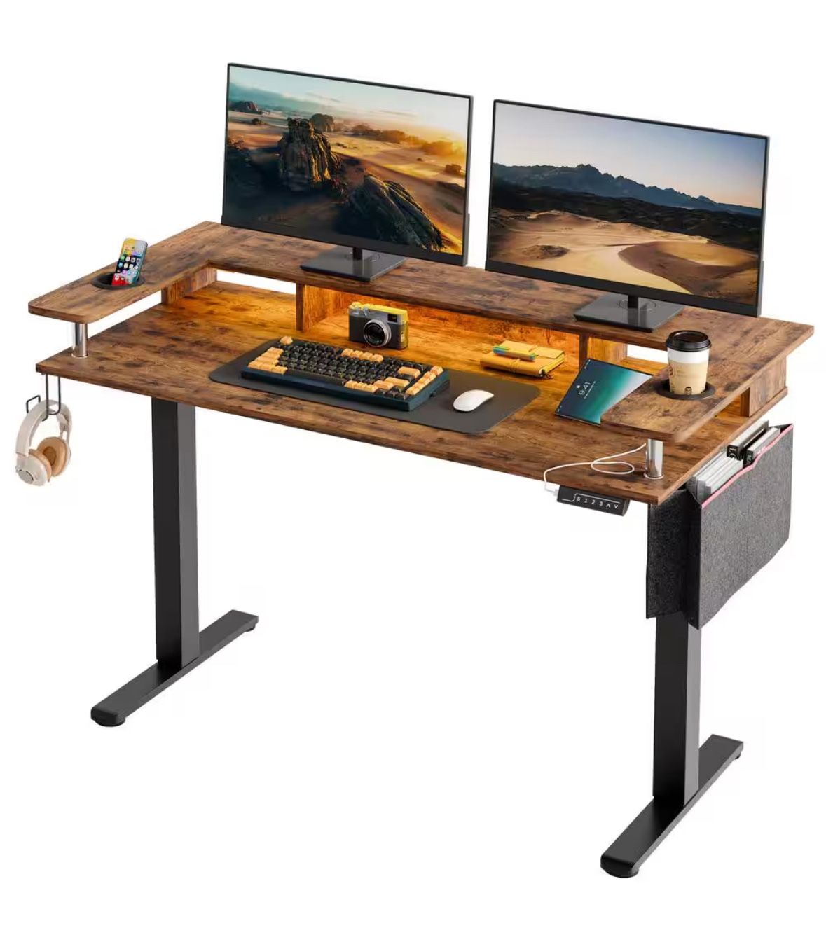 NEW 58 in. Rectangular Rustic Brown Wood Sit to Stand Desk with Monitor Stand and Cup Holder
