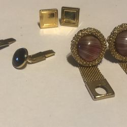 Vintage Three  Pairs Of Cufflinks  Black Onyx, Brass  Tone &  Rose Glass