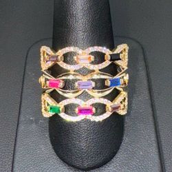 14k yellow gold Rainbow baguette multicolor gemstone Ruby Sapphire Emerald Onyx CZ ring sz11.5