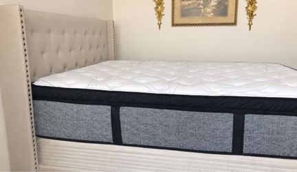 Queen Upholstered Bed Set – Mattress + Headboard + Foundation