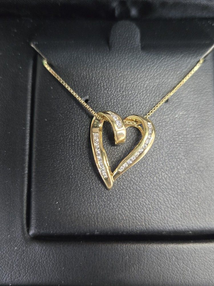 14kt Gold 16" Box Chain/18kt Gold Diamond Heart Charm Necklace
