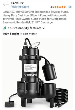 LANCHEZ 1HP 6600 GPH Submersible Sewage Pump, Heavy Duty Cast Iron Effluent Pump with Automatic Tethered Float Switch, Sump Pump for Sump Basin, Basem