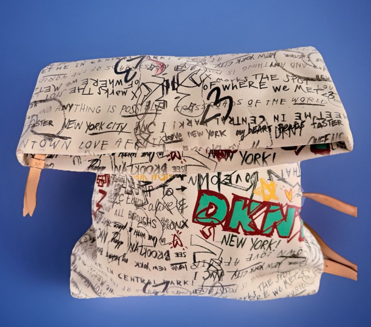 Rare VTG DKNY Tilly Graffiti Fold Over White Backpack Purse Top Zip Artistic