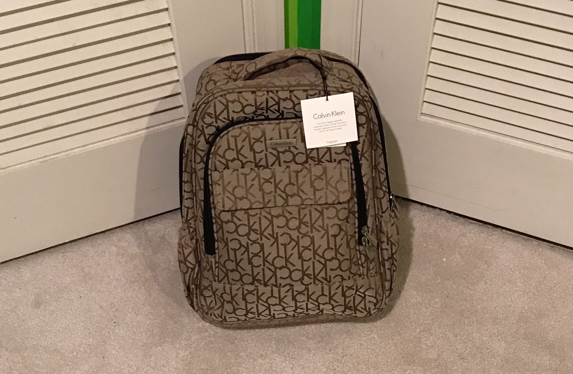 NEW! NWT Calvin Klein Luggage Backpack Bookbag Signature Khaki CK Logo $260