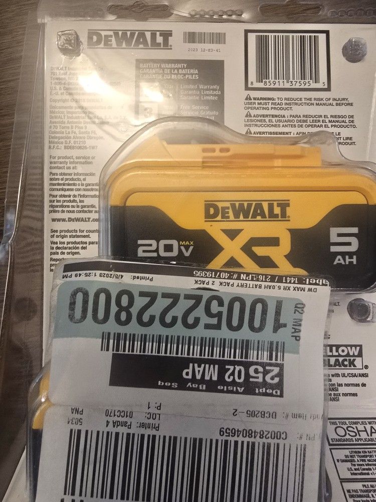 Brand New Dewalt 20V 5.0 AH 2PK Batteries. Cash Only. Pickup Or Meetup Only.