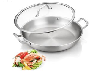 DELARLO Paella Pan 14 Inch Tri-Ply Fully Clad Stainless Steel Paella Pan with Lid, Jumbo Frying Pan