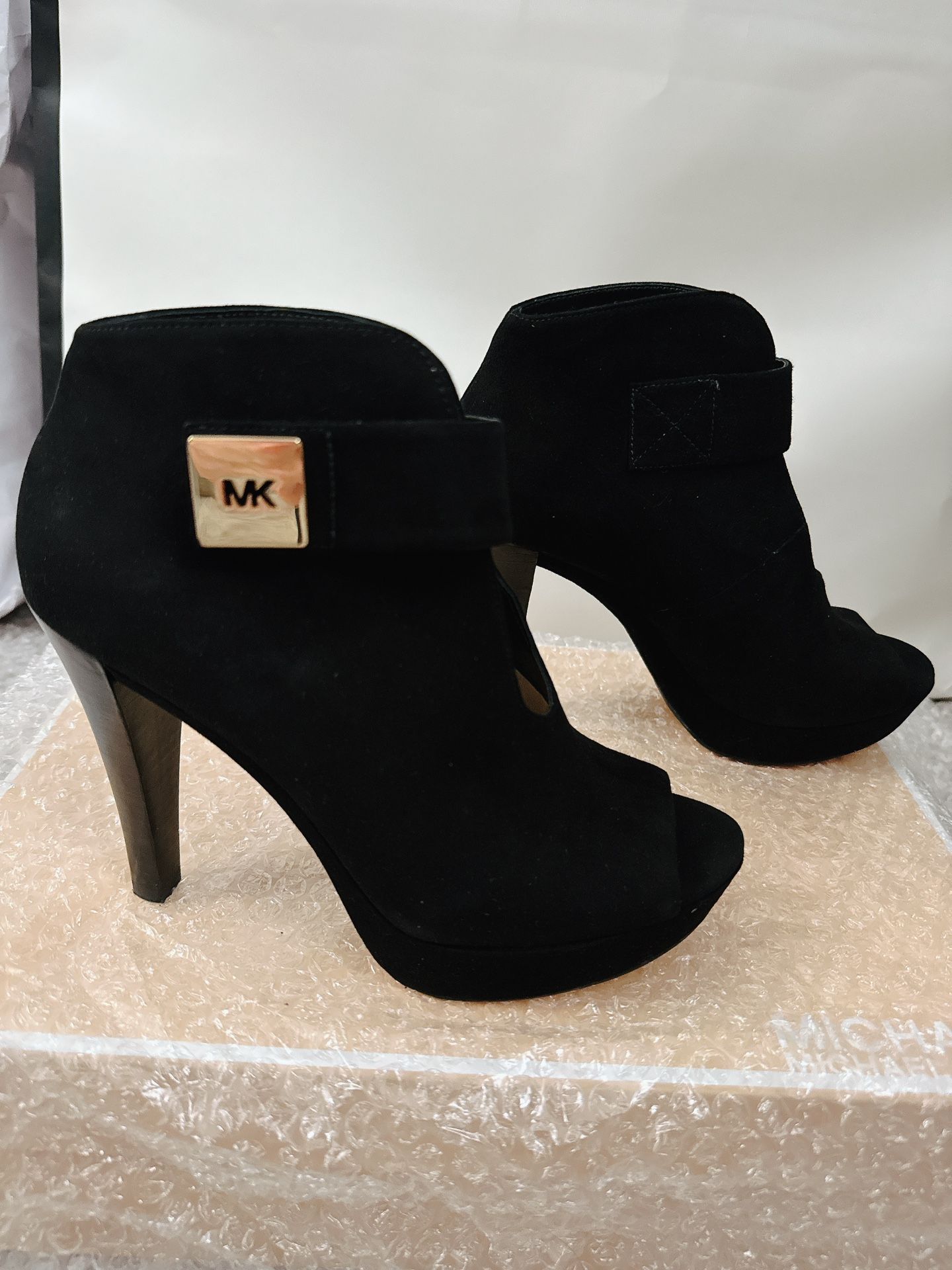 Michael Kors Davenport Bootie Size 7 Black Suede w/MK Gold Logo On Strap.