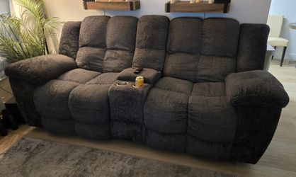 Dark Blue / Dark Gray Recliner Couch w/ Cupholders And Storage