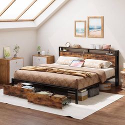 California King Bed Frame with Storage Headboard, Platform Bed with Drawers and Charging Station, No Box Spring Needed, Easy Assembly, Vintage Brown