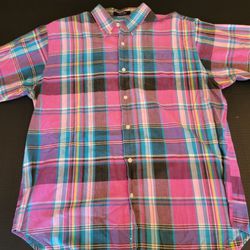 Vintage Men's Button Down Short Sleeved Polo Sz XL Claybrooke Classic Pink Plaid