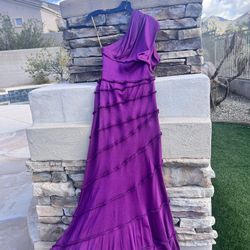 Catherine Malandrino Purple silk strechy one shoulder Maxi dress size small  Shirred elasticated on waistline and Ruffles details.  Made in China 100%