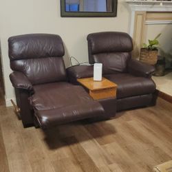 Leather Twin Recliners With Side Table And Drawers