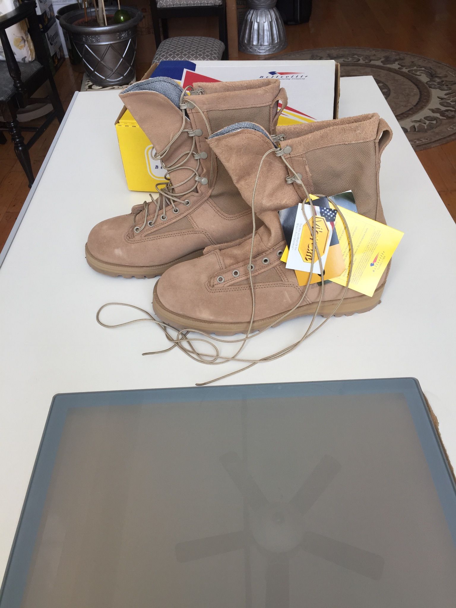 Belleville Infantry Combat Desert Tan Boots. Brand new. Never used. Still in original box. Legendary Vibram sole. The upper shell of CORDURA nylon and