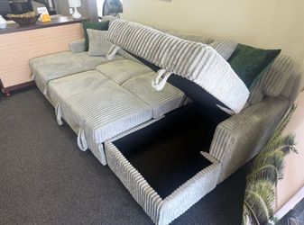 Gray Corduroy Sectional Sleeper Couch With Storage Chaises