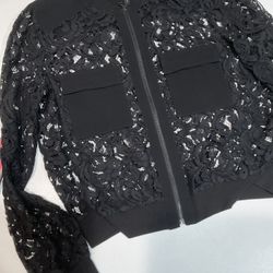 BCBG MaxAzria Black Lace Sleeves Zipper Chest Pockets Jacket, Size S