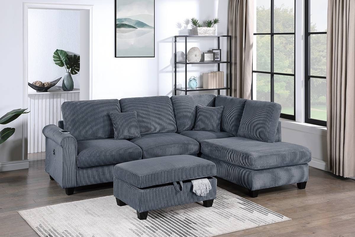 ✅️✅️3 pc dark grey corduroy fabric sectional sofa with reversible storage chaise and storage ottoman and USB✅️