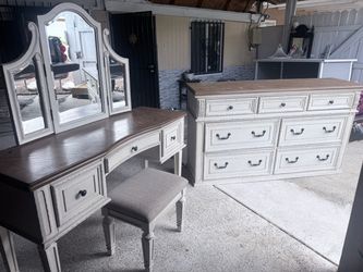 Vanity with Mirror, Stool, and Dresser Set