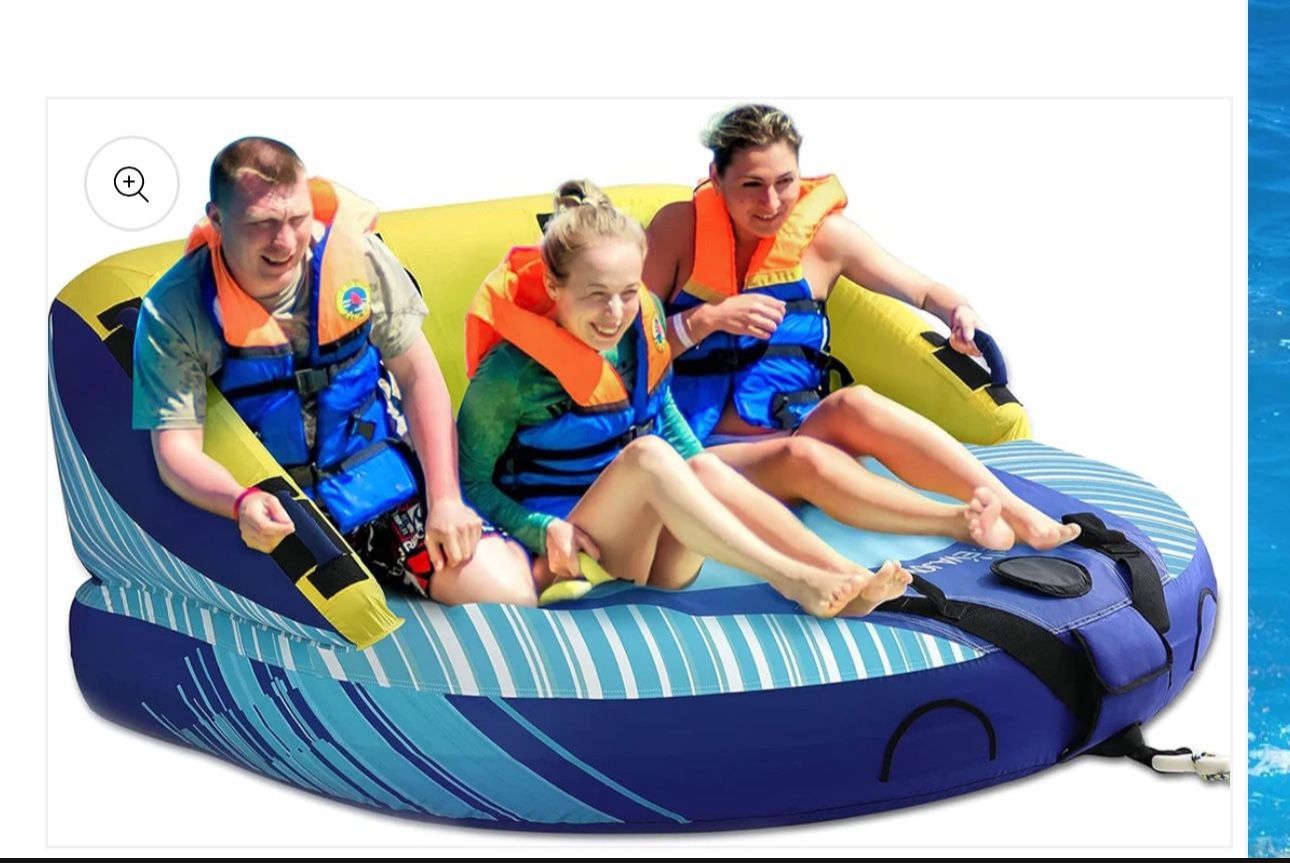EVAJOY 3 Person Towable Tube for Boating, Inflatable Towable Tubes for Boats 1-3 Rider, Water Sports Tube with Dual Front and Back Tow Points, Inflata