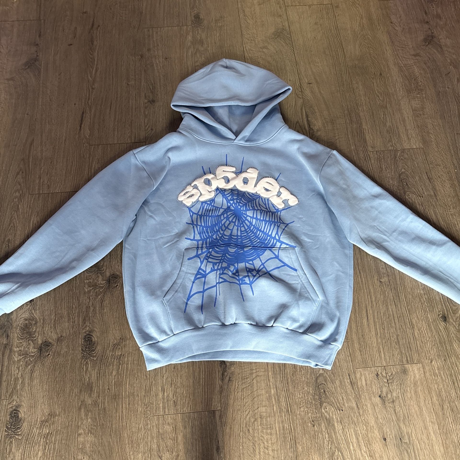 Blue Sp5der Hoodie Puffy lettering