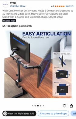 VIVO Dual Monitor Desk Mount – STAND-V002 – Up to 30” Monitors