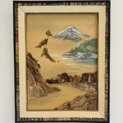 Original Vintage Fine Art Painting on Silk Wall Picture Antique Wood Tree Bark