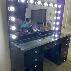 Makeup Vanity Glass top with Bluetooth Mirror / price includes delivery and assembly Financing available In Stock 