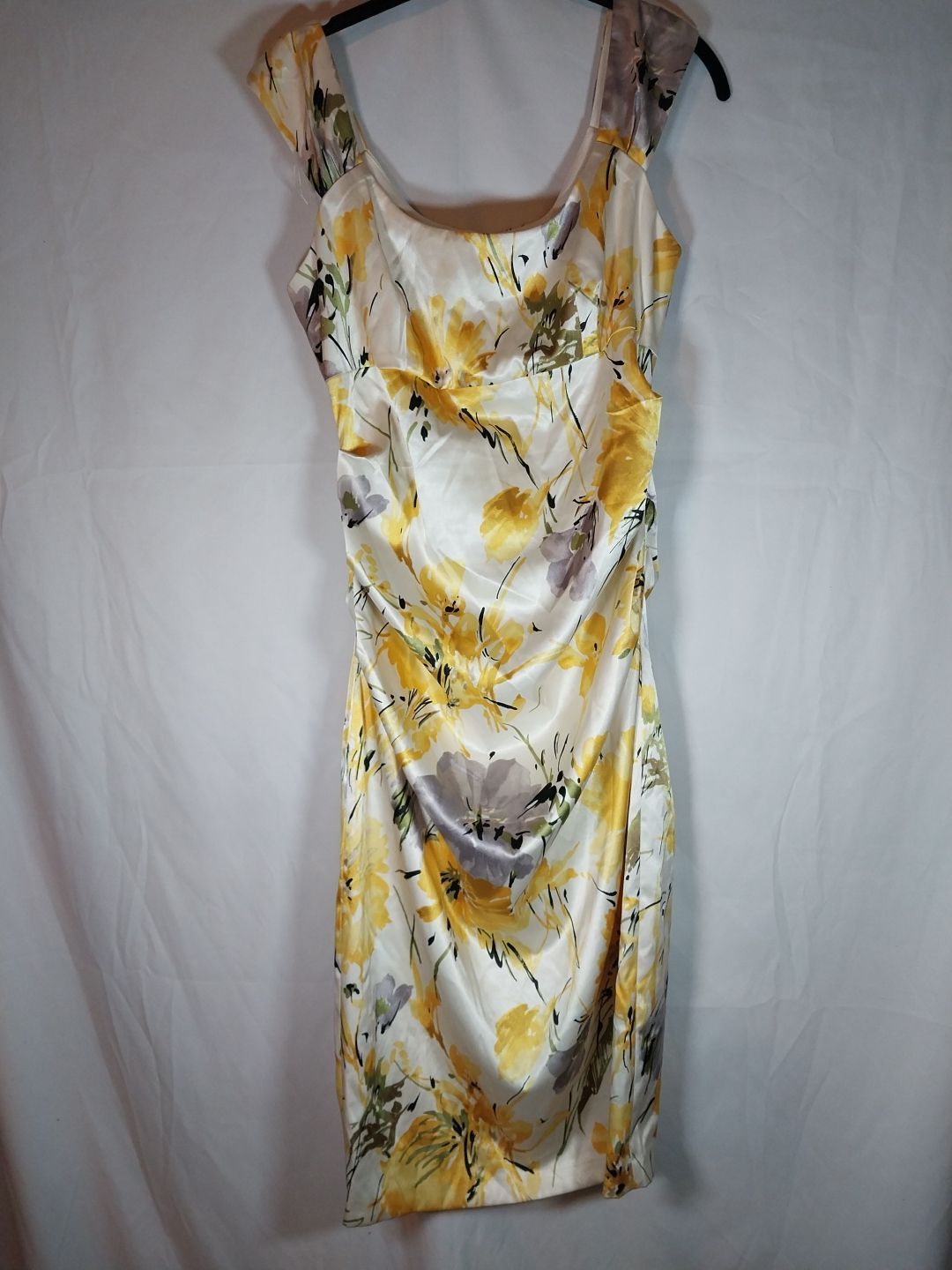 London Times Women's Stretch Satin Floral Dress Size 10 Yellow Gray Flowers