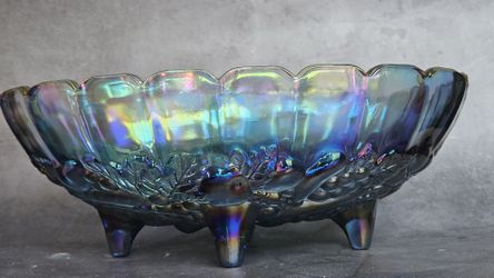 Carnival Indiana Glass Harvest Grape Iridescent Blue Oval Footed Fruit Bowl 12"