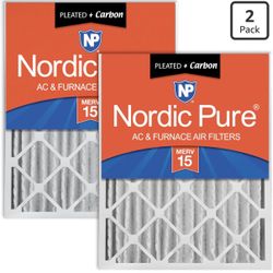 Nordic Pure 16x25x4 Pleated MERV 15 Plus Carbon Air Filters 2 Pack Actual Size: 15 1/2 x 24 1/2 x 3 5/8 Made in USA, Pro Strength HVAC Filtration, Pet