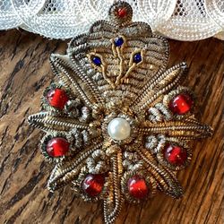 Vintage Zari Beaded Pin, Brooch Applique, India. 