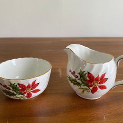 Vintage Adderley Fine Bone China Small Size Creamer and Sugar Bowl, Made in England, Demitasse Compatible, Poinsettia 