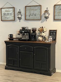 Vintage Black Coffee Bar Buffet Cabinet with Wood Top- delivery available