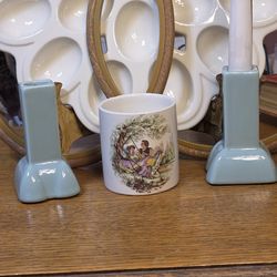 Vintage English Porcelain Cup and Teal Candle Holders