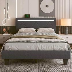 King size bed frame with LED Headboard, Upholstered Platform, Charging Station, gray D-43
