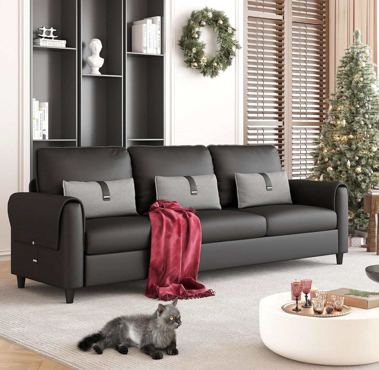 88” Faux Leather Couch for Living Room, Black Office Couch Small Space, Comfy 3 Seater Couches Leather Sofa with High Backrest (Black)