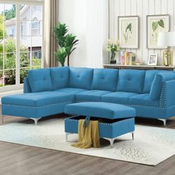 Blue Microfiber Sofa And Chaise On Sale 