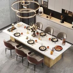 Wooden Grain Oak and White Color Wood 126 in. Width Rectangle Double Pedestal Double-based Dining Table for 10