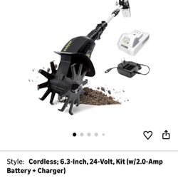 Sun Joe 24V-TLR-LTE 24-Volt Amp Cordless Garden Tiller + Cultivator, Kit (w/2.0-Ah Battery + Quick Charger)