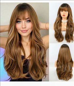 Long Brown Wavy Wig with Bangs