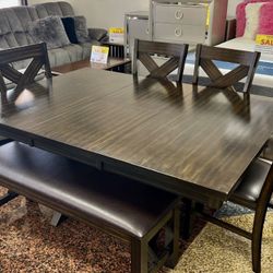 NEW KELLY DINING TABLE WITH 4 CHAIRS AND BENCH ONLY $799! EASY FINANCING 💰 SAME DAY DELIVERY🚚