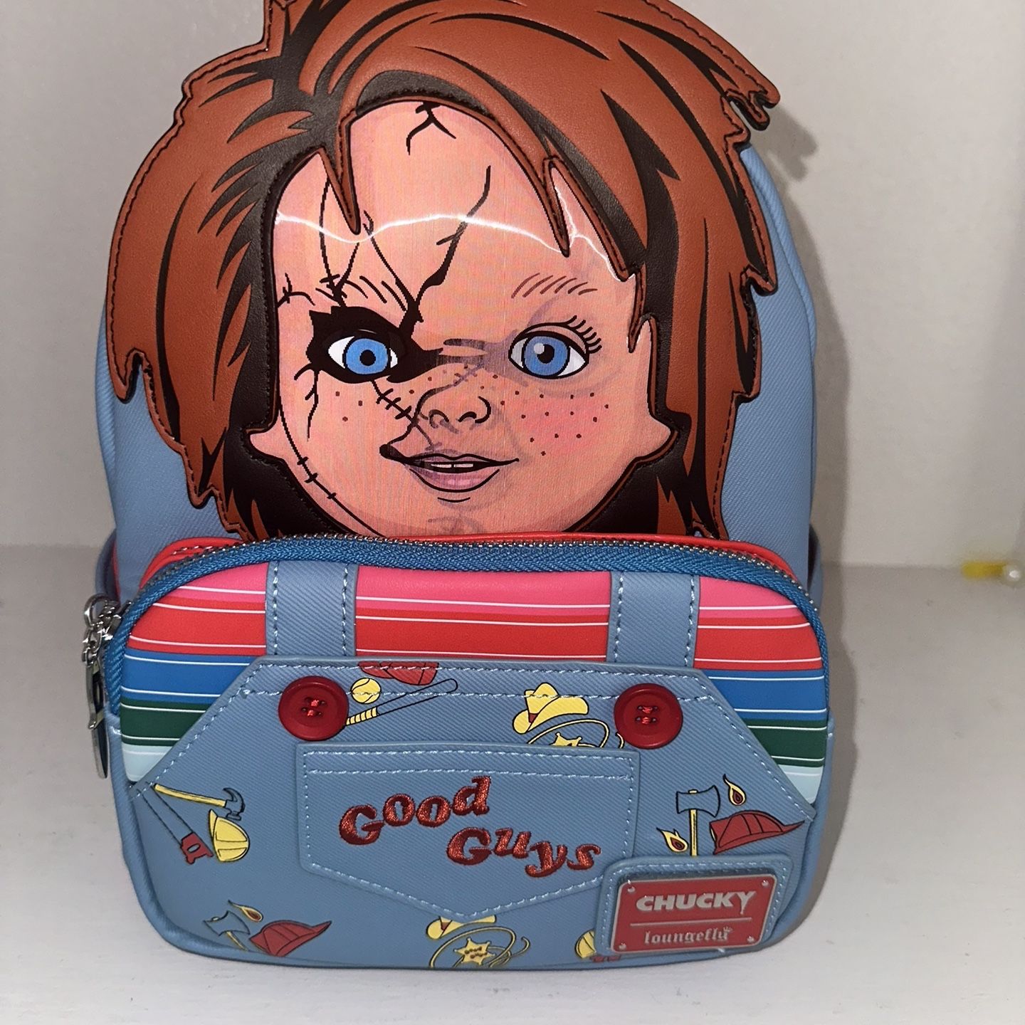 good guy mini backpack Child's Play Chucky Doll Denim AOP Backpack, Horror Fashion Bag Standard : Clothing, Shoes & Jewelry shaped feet A BFFFF (Best Fiendishly Fashionable
