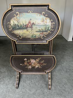 Vintage Chinoiserie Painted Double Shelf Folding Side Table Vintage