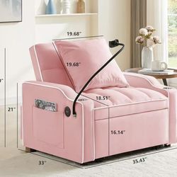🥨3-in-1 Pink Sofa Bed Convertible into a Recliner Sofa Adjustable Pull-Out Recliner Bed. Multiple Pockets for Storage Suitable for Living Rooms
