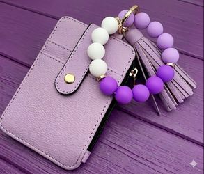 Purple Keychain Wallet Wristlet with Tassel & Beads for Women - Card Holder Purse