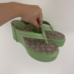 COACH Pistachio Green Leather Y2K Franki Monogram Platform Sandal Flip Flops