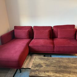 Modern Red Velvet Sofa + Matching Armchair – Stylish, Clean, & Cozy!