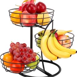 Livabber Fruit Basket Bowl with Banana Hanger, Fruit Vegetable Storage Basket with Banana Tree Holder for Kitchen Counter, Detachable Organizer for Br
