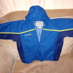 Youths Size 8 Columbia Jacket Blue And Yellow With Tuck Away Hood Spring -rain -weatherproof Jacket W Neon Yellow Stripes Like New