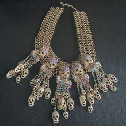 Rhinestone Colorful Multi Dangle Skull Statement Necklace Pre Owned