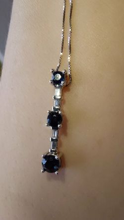 14k white gold natural  blue sapphires with diamond accents stones necklace.